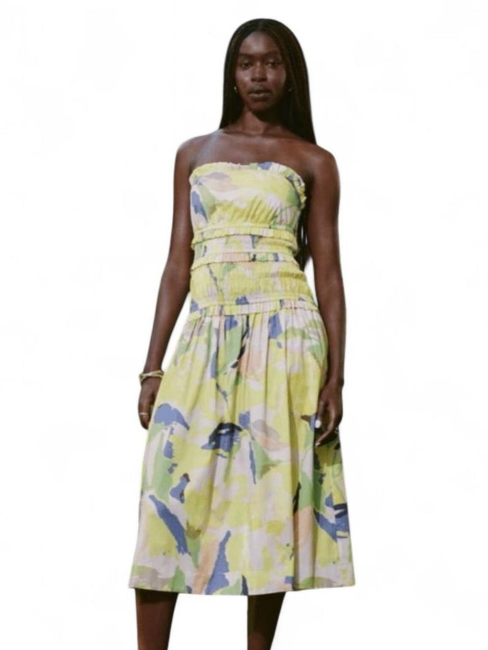 Strapless Lime Print Midi Dress with Smocked Waist